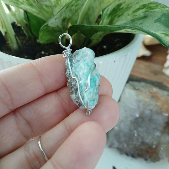 Raw Amazonite Crystal Gemstone Pendant, Wire Wrapped 1.5" - Picture 4 of 4
